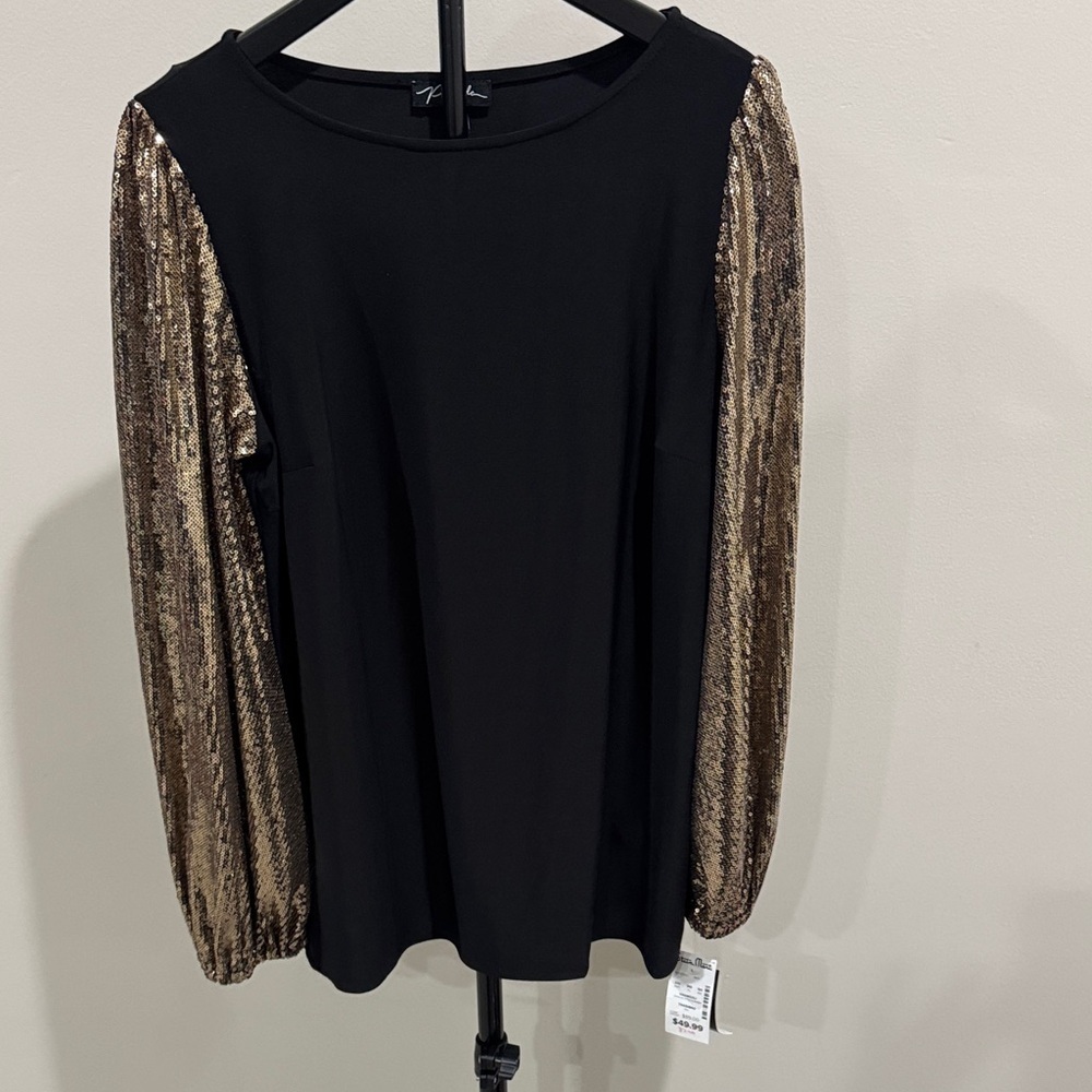 Stylish Black Blouse with Gold Sequin Sleeves